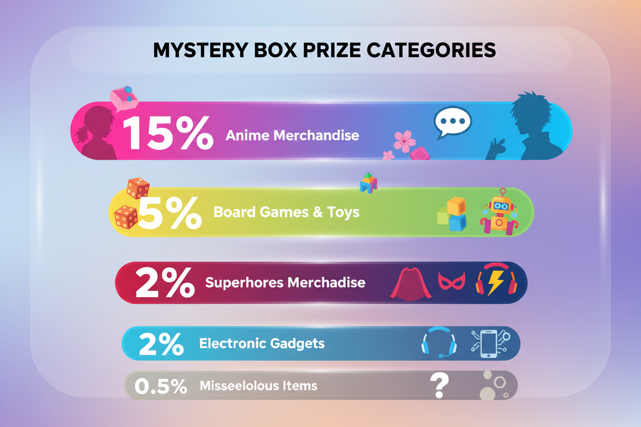 Category 1: Anime Merchandise (High Probability)
•	Chance: 15% (Item A)
Category 2: Board Games & Toys (Moderate Probability)
•	Chance: 5% (Item F)
Category 3: Superheroes Merchandise (Low Probability)
•	Chance: 2% (Item J)
Category 4: Electronic Gadgets (Low Probability)
•	Chance: 2% (Item L)
Category 5: Miscellaneous Items (Lowest Probability)
•	Chance: 0.5% 
